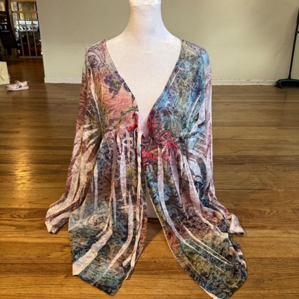 Y2K Boho Fairy Mesh Cardigan Plus 30/32‎ Abstract Rhinestone Tie Top